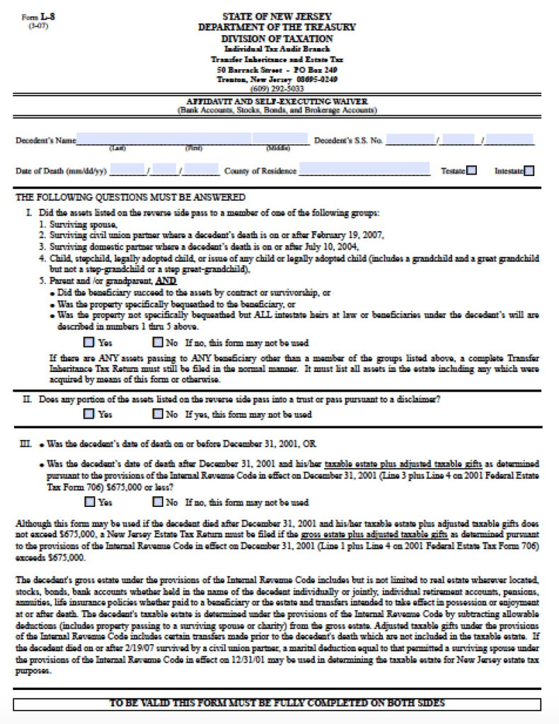 Free New Jersey Small Estate Affidavit L 8 Form PDF Word