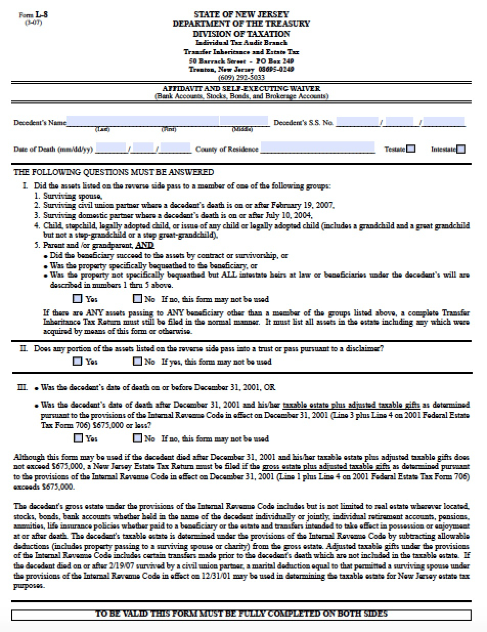 Free New Jersey Small Estate Affidavit L 8 Form PDF Word