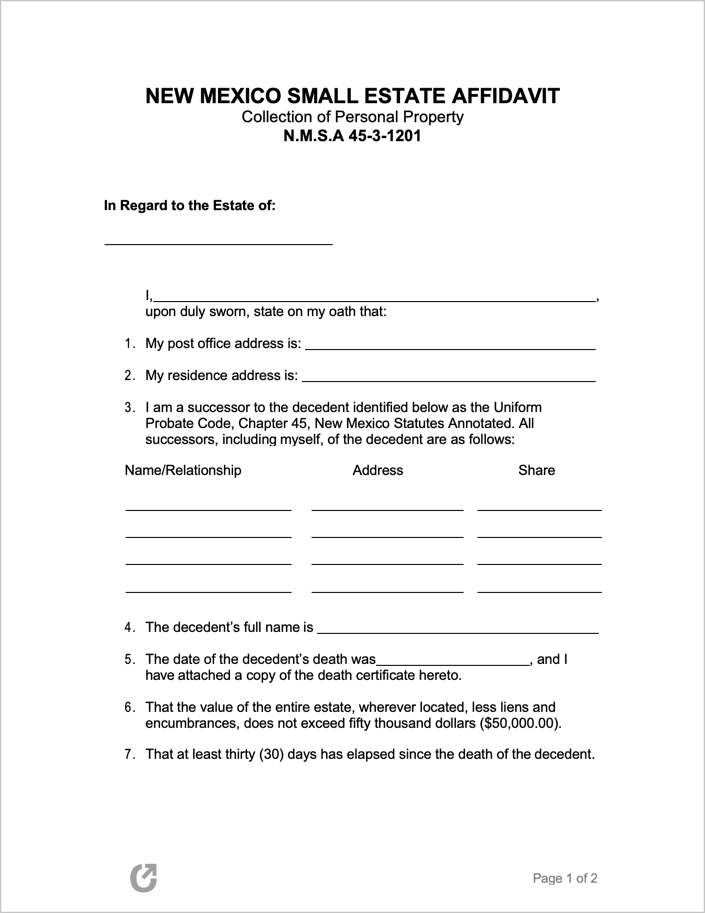 Free New Mexico Small Estate Affidavit Form PDF WORD RTF