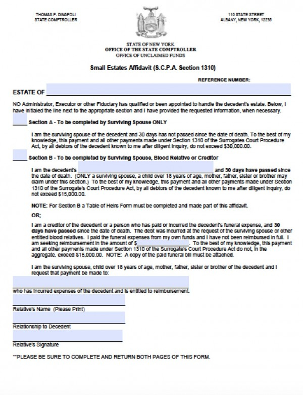 Free New York Small Estate Affidavit Form Small Estate Affidavit Form
