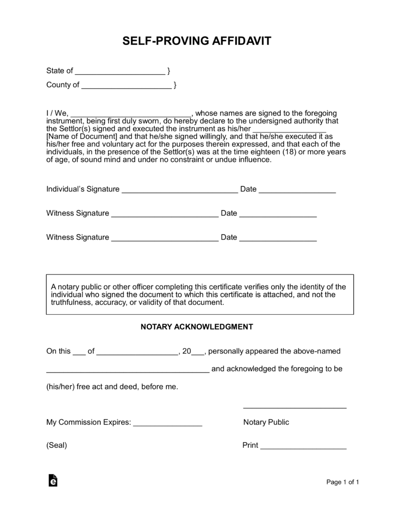 Free Self Proving Affidavit Form For Living Trusts And Wills Word 