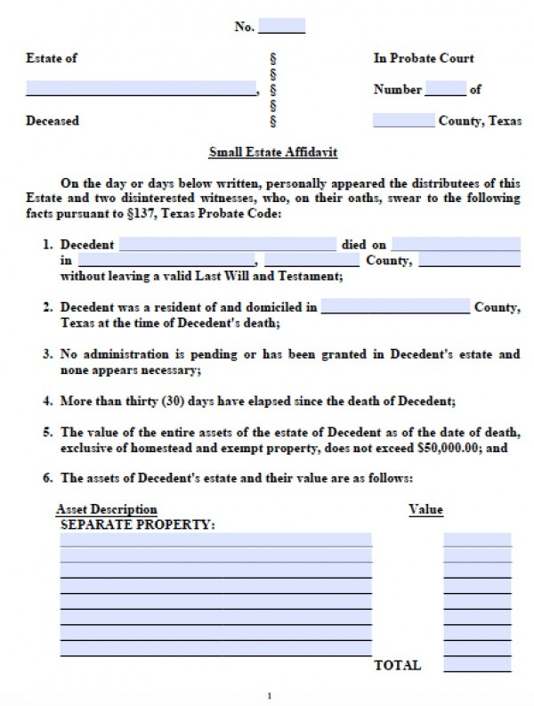 Free Texas Small Estate Affidavit Form Small Estate Affidavit Form
