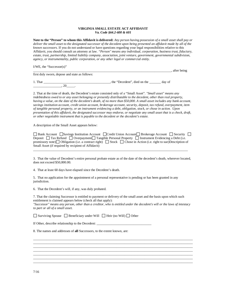 Free Virginia Small Estate Affidavit Form PDF EForms