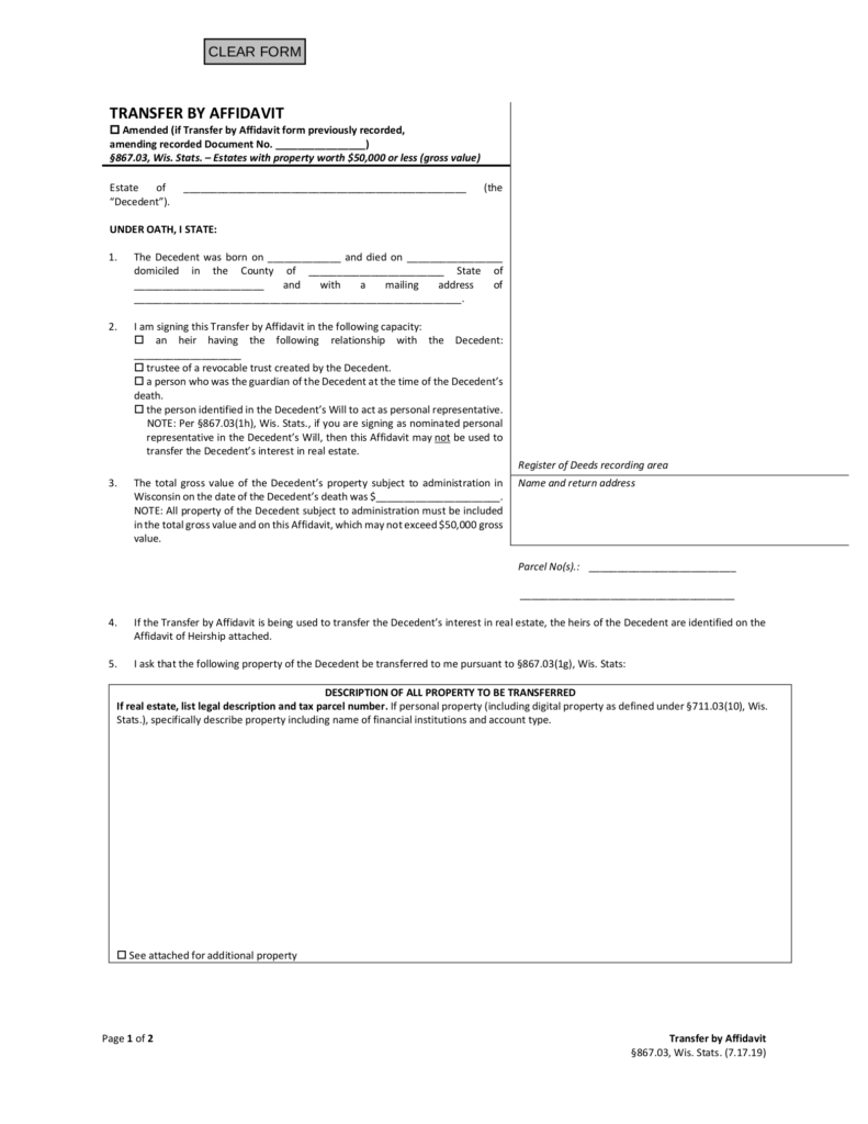 Free Wisconsin Small Estate Affidavit Form PR 1831 PDF EForms