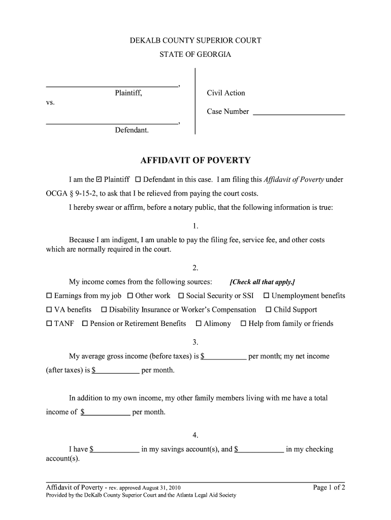 GA Affidavit Of Poverty Dekalb County 2010 Fill And Sign Printable