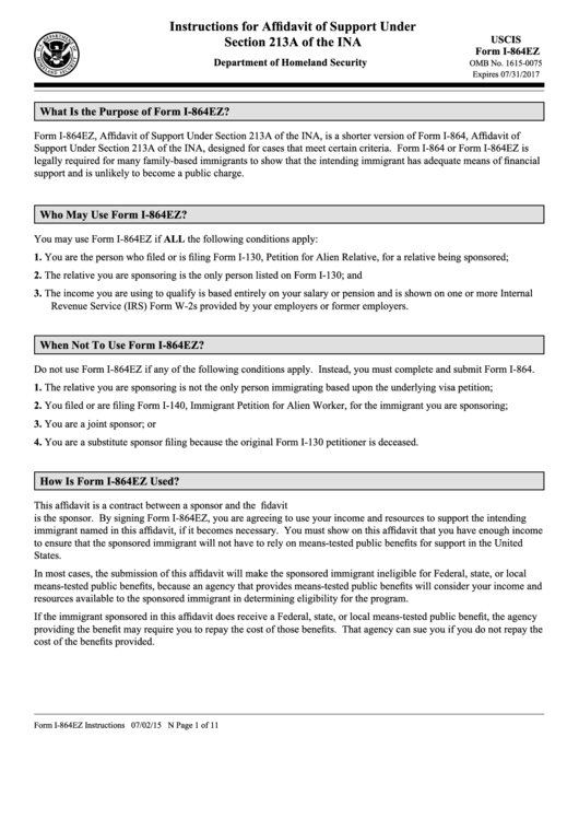 Instructions For Form I 864ez Affidavit Of Support Under Section 213a 