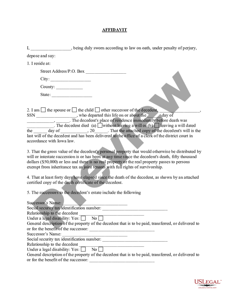Iowa Small Estate Affidavit For Personal Property Estates Not More Than 