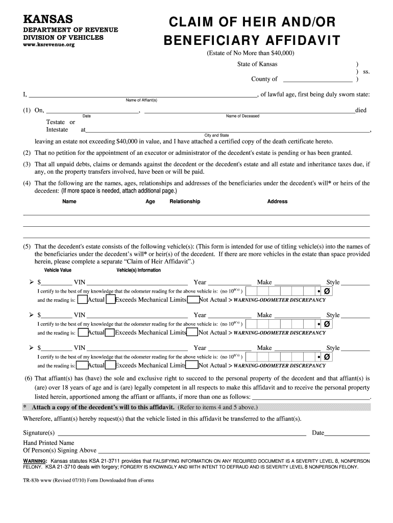 Kansas Motor Vehicle Small Estate Affidavit FOrm Tr83b Fill Out And 