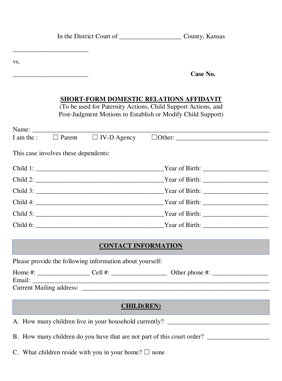 Kansas Short Form Domestic Relations Affidavit Download Fillable PDF