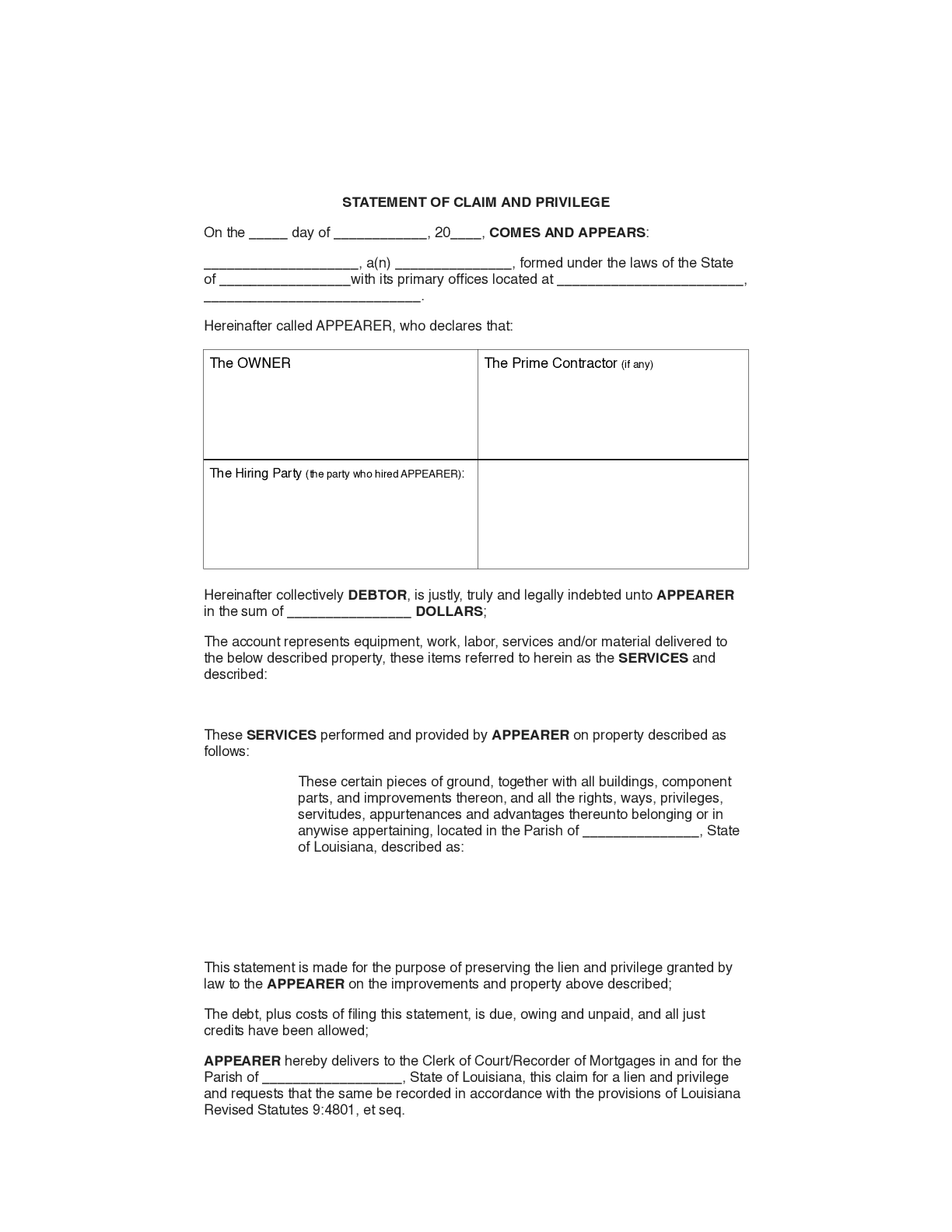 Louisiana Statement Of Claim And Privilege Form Free