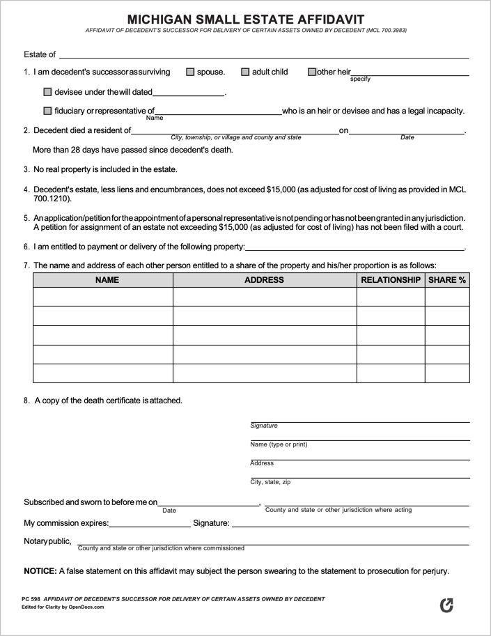 Michigan Small Estate Affidavit Form PC 598 Michigan Estates Probate