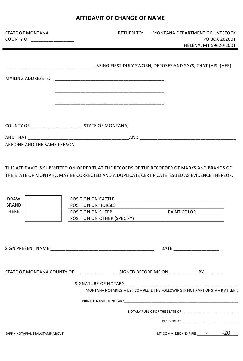 Montana Affidavit Of Change Of Name Download Printable PDF Templateroller