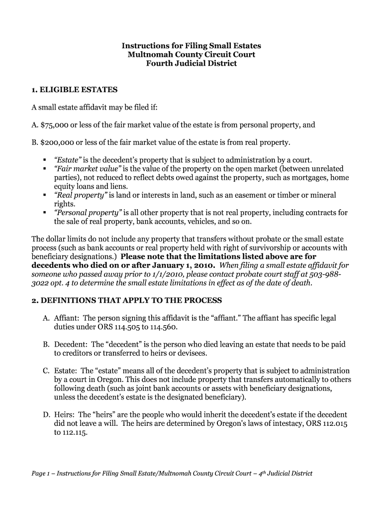 Multnomah County Small Estate Affidavit Fill Online Printable 