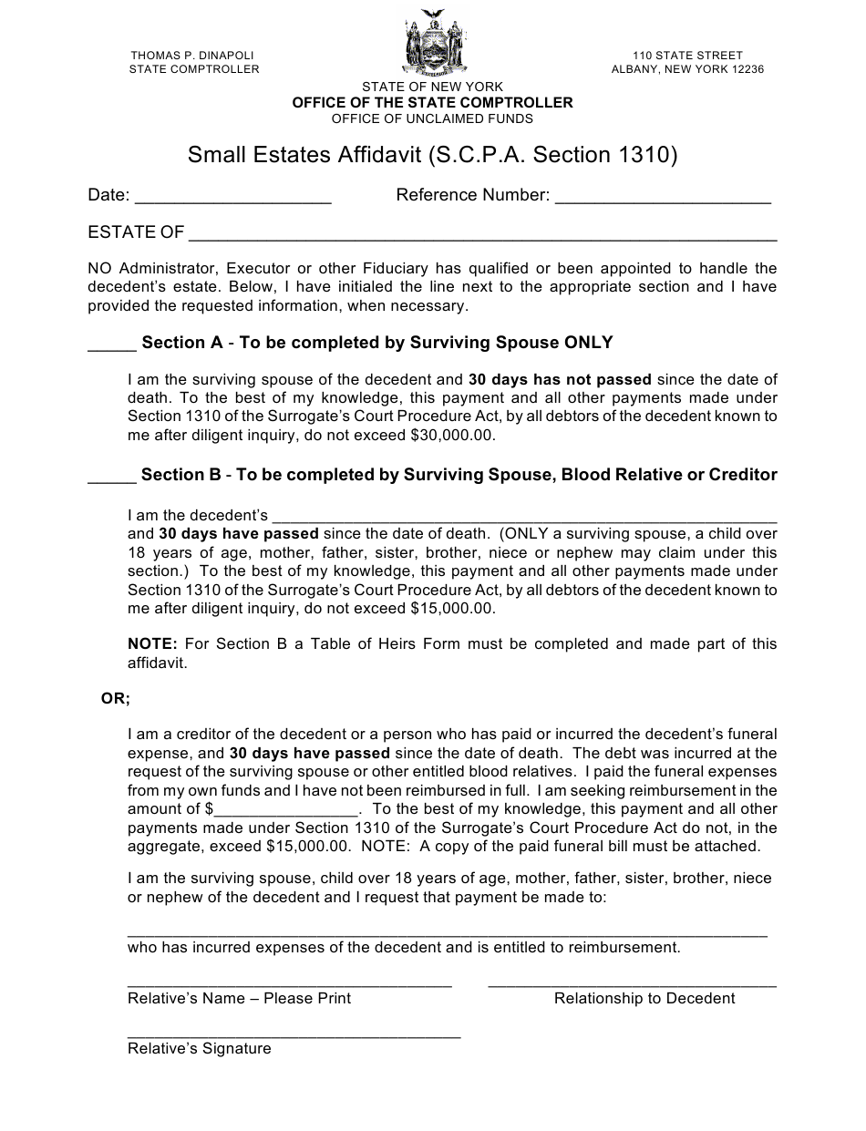 Free small estate affidavit form new york 2023 printableaffidavitform