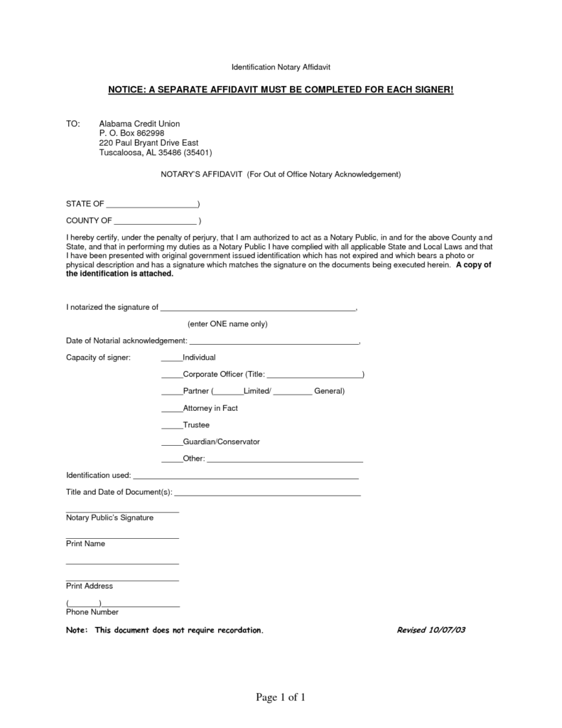 Notarized Affidavit Template Free Printable Documents