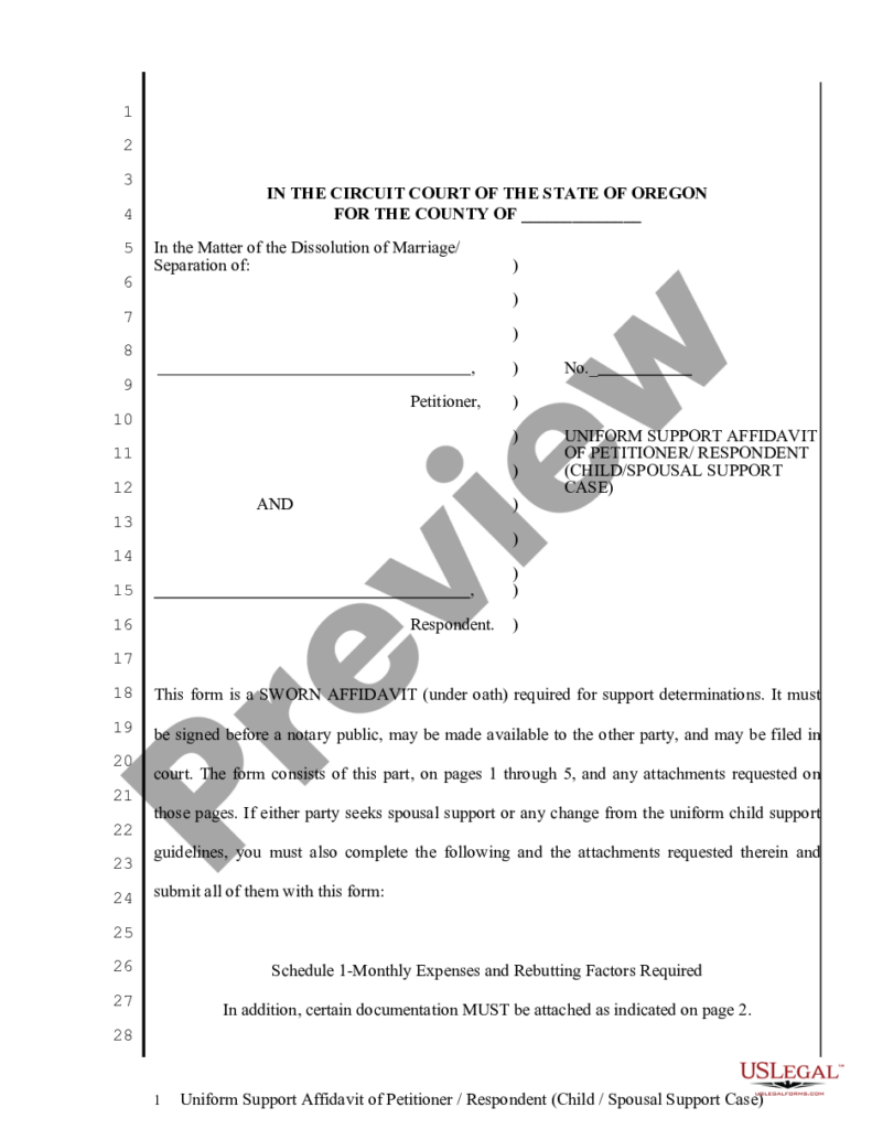 Oregon Uniform Support Affidavit Child Spousal Support Uniform 