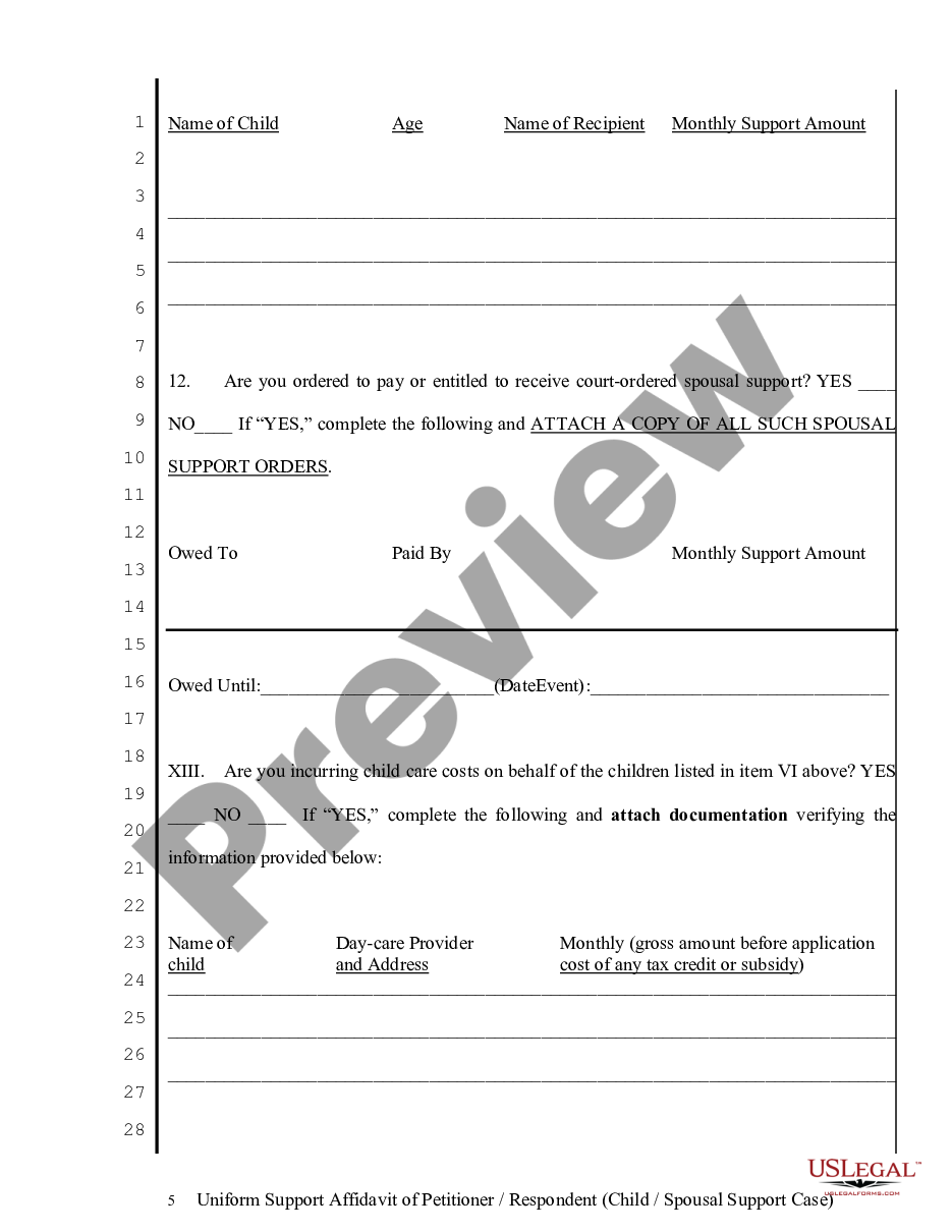 Oregon Uniform Support Affidavit Child Spousal Support Uniform