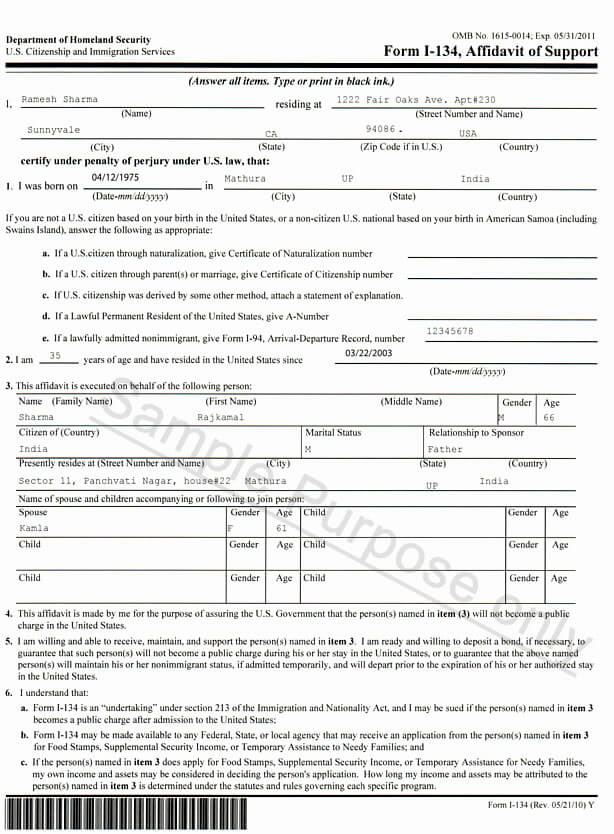 Sample Affidavit Of Support Form I 134