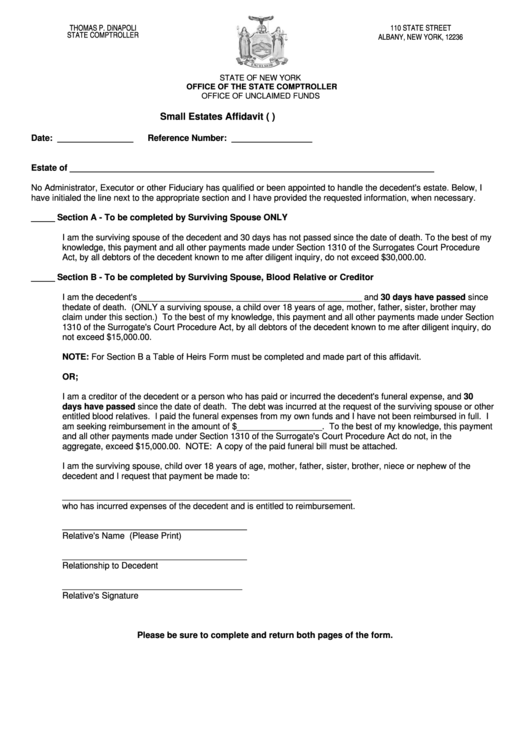 Small Estates Affidavit Form S c p a Section 1310 Table Of Heirs
