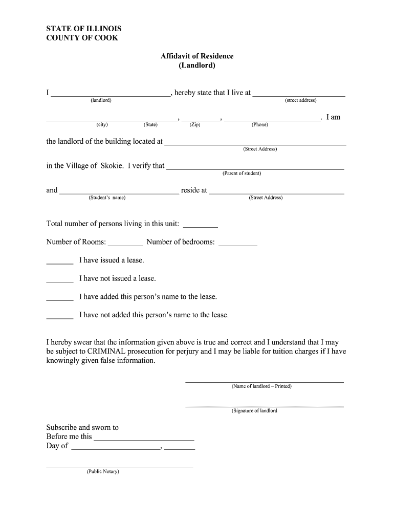 STATE OF ILLINOIS COUNTY OF COOK Affidavit Of Residence Eps73 Fill 