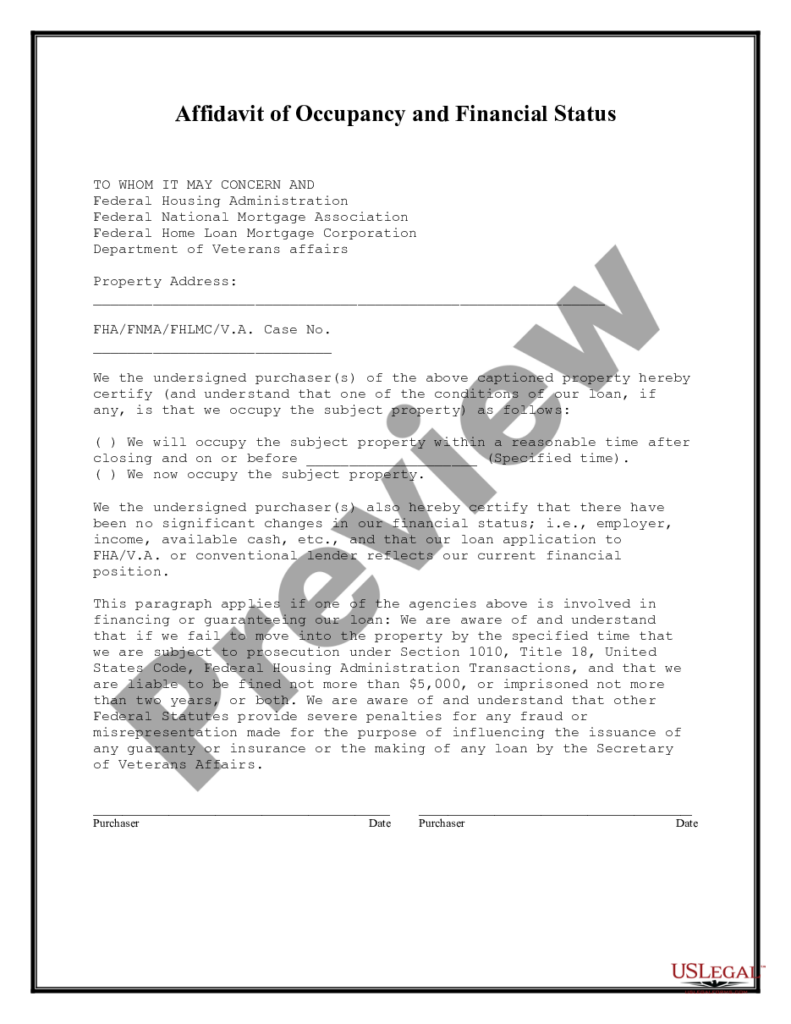 Tennessee Affidavit Of Occupancy And Financial Status Tennessee 