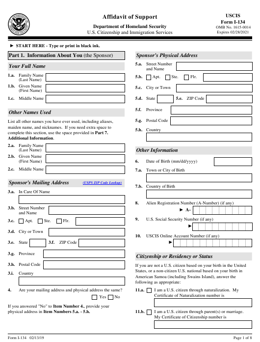USCIS Form I 134 Download Fillable PDF Or Fill Online Affidavit Of 