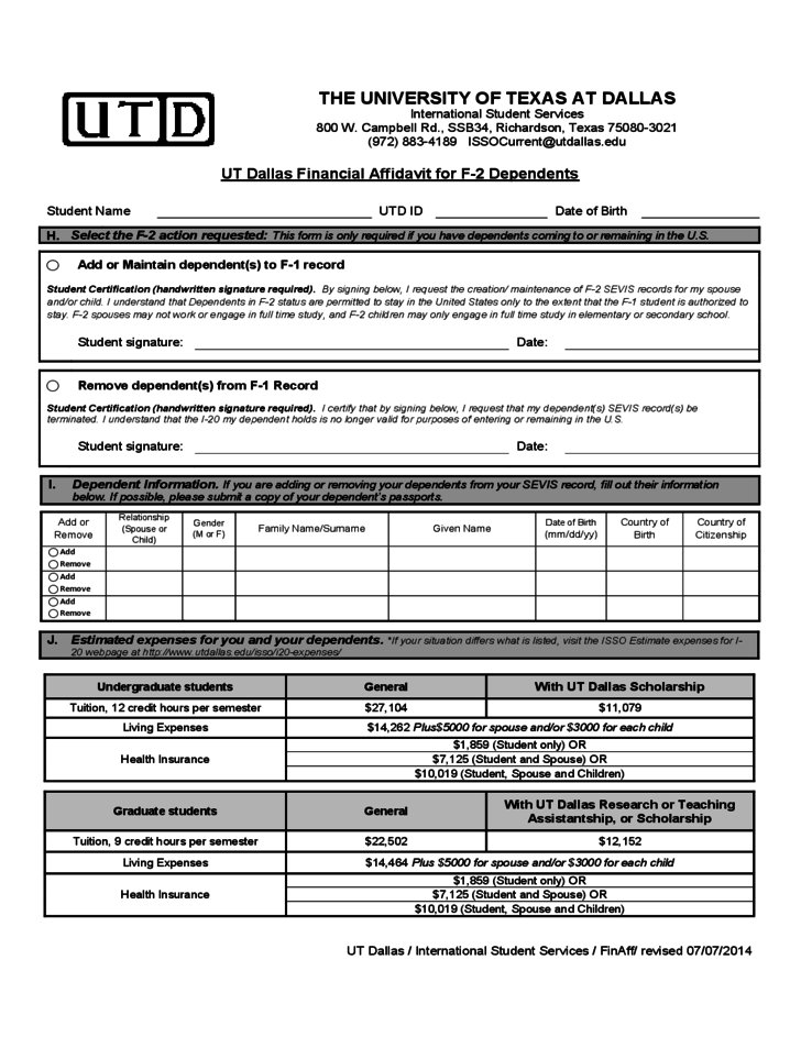 UT Dallas Financial Affidavit For F 1 Students Texas Free Download