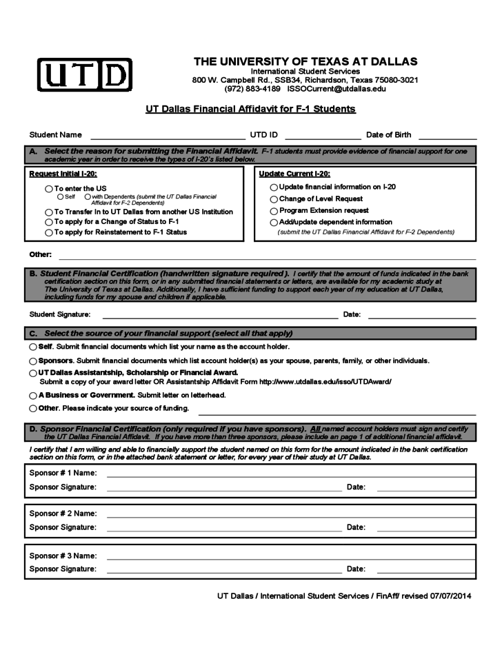 UT Dallas Financial Affidavit For F 1 Students Texas Free Download
