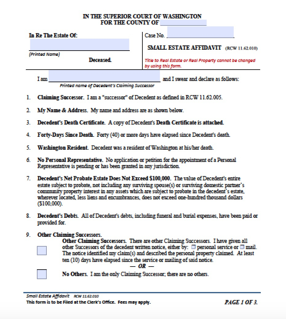Washington Small Estate Affidavit Affidavit Forms