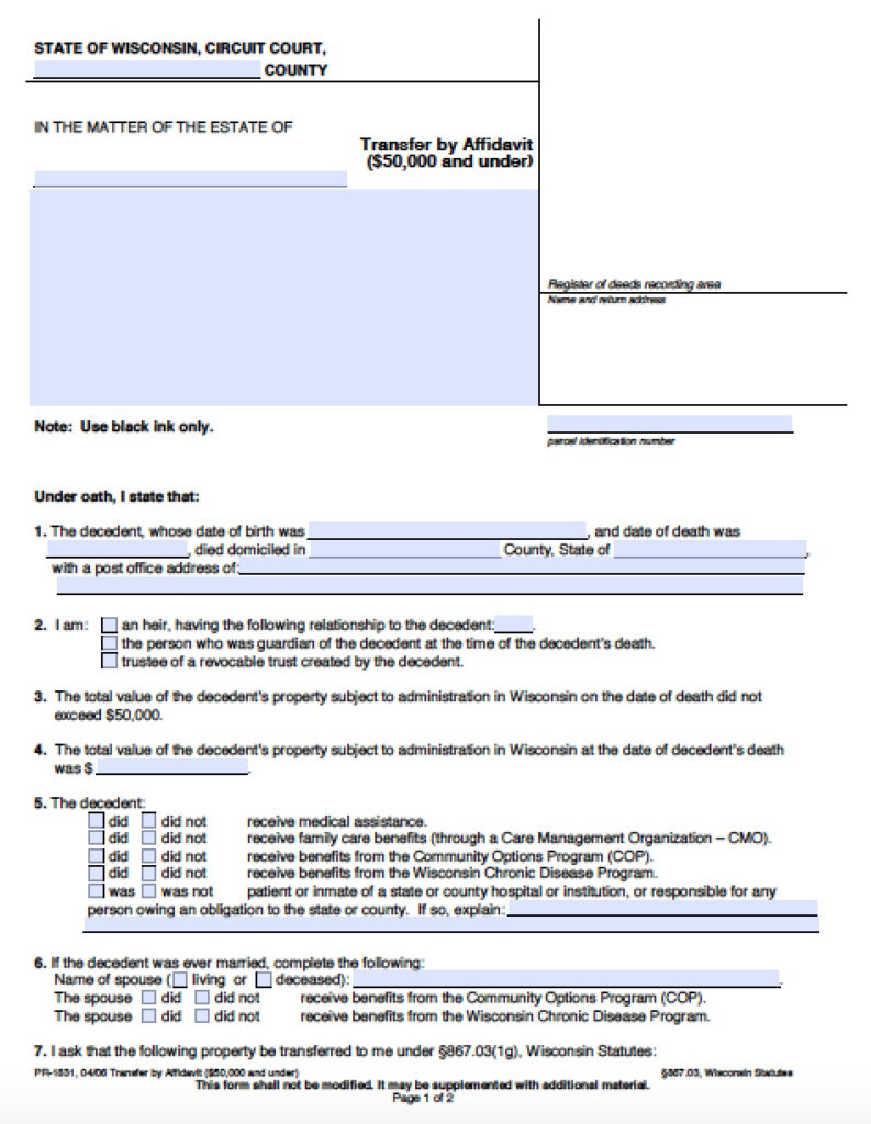 Wisconsin Small Estate Affidavit Affidavit Forms