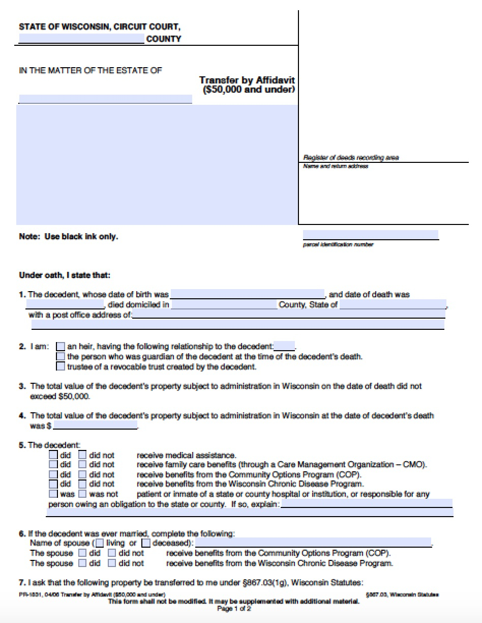 Wisconsin Small Estate Affidavit Affidavit Forms