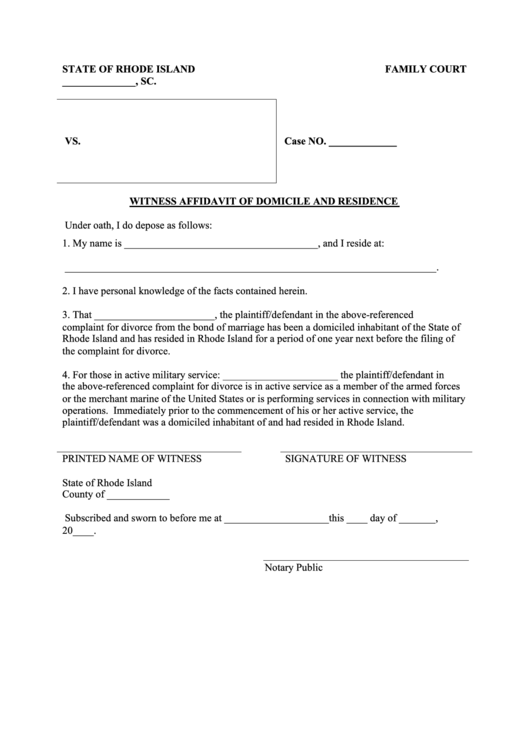 Witness Affidavit Of Domicile And Residence Printable Pdf Download