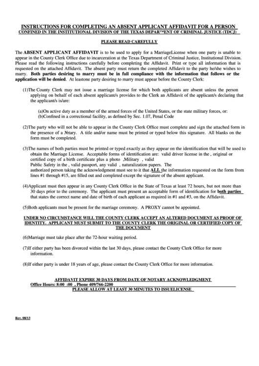 Absent Applicant Affidavit For A Person Incarcerated In The 