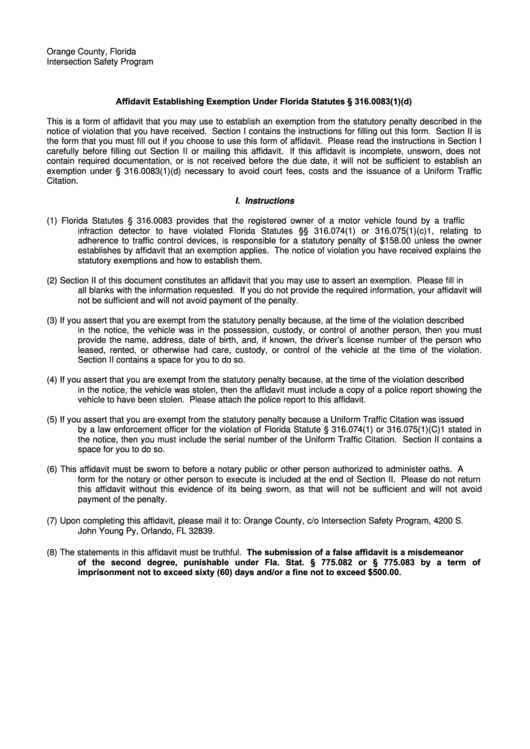 Affidavit Establishing Exemption Under Florida Statutes 316 0083 1 D 