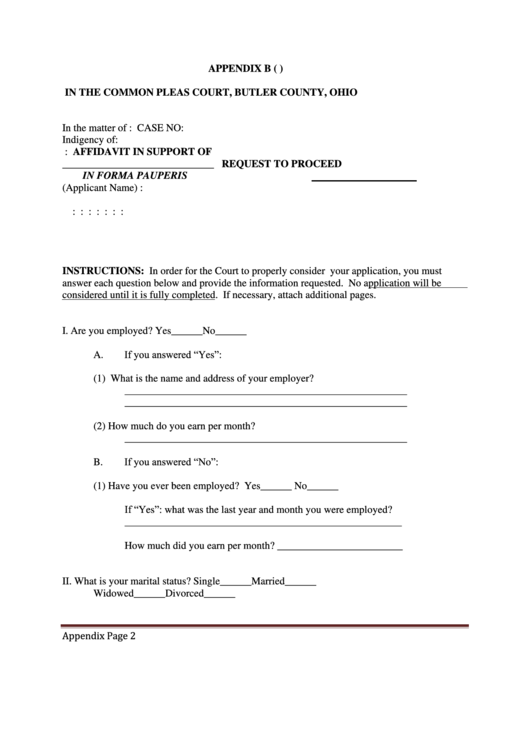 Affidavit In Support Of Request To Proceed In Forma Pauperis Printable