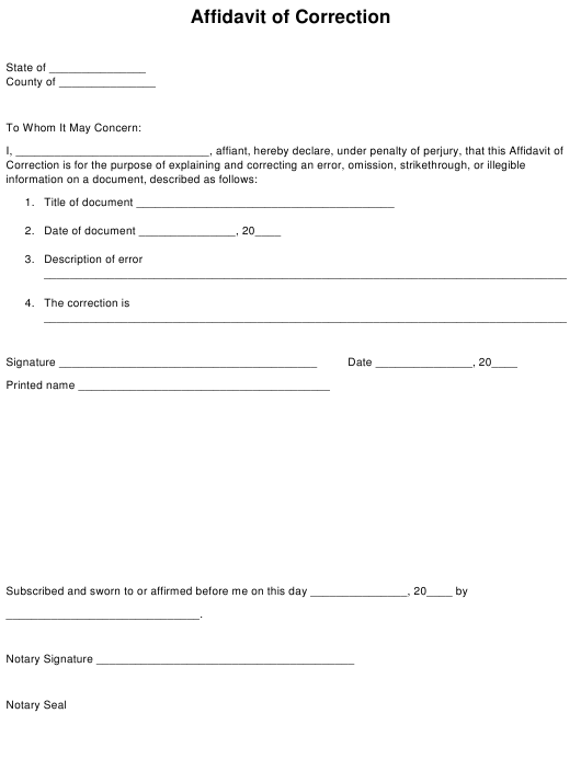 Affidavit Of Correction Form Download Printable PDF Templateroller