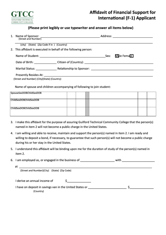 Affidavit Of Financial Support For International F 1 Applicant
