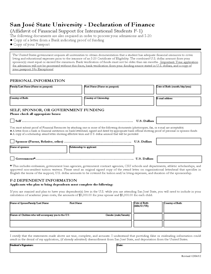 Affidavit Of Financial Support For International Students F 1 