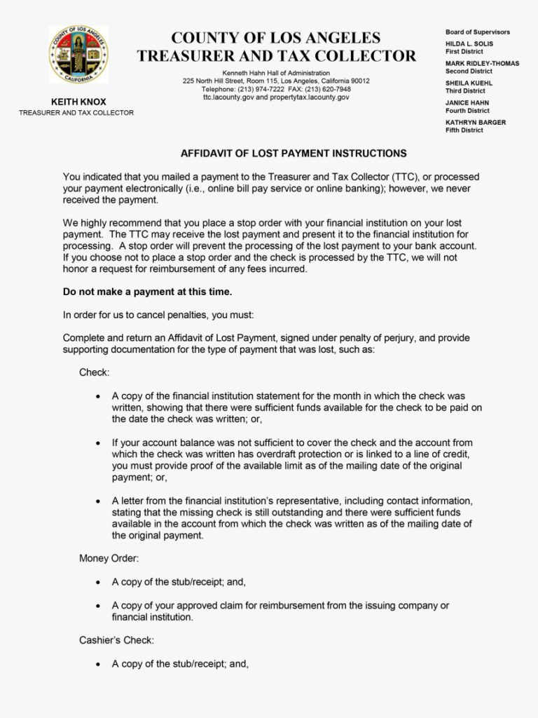 Affidavit Of Lost Payment Instructions Seal Of Los Angeles County 