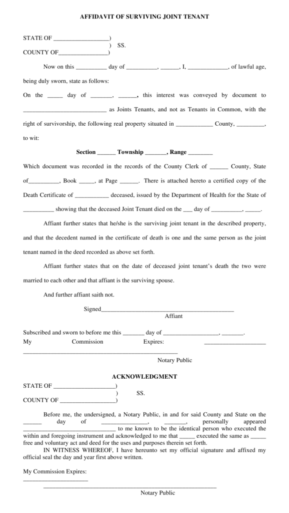 Affidavit Of Surviving Joint Tenant Form Download Fillable PDF 