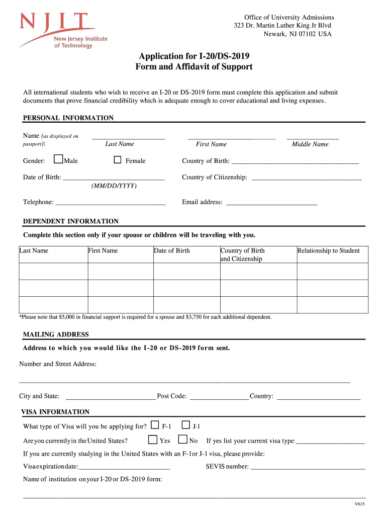 Application For I 20DS Form And Affidavit Of Support Njit Fill Out