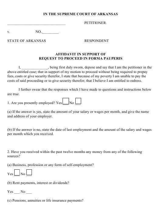 Arkansas Affidavit In Support Of Request To Proceed In Forma Pauperis 