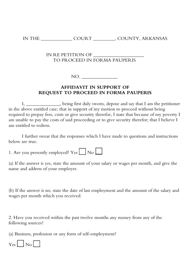 Arkansas Affidavit In Support Of Request To Proceed In Forma Pauperis 