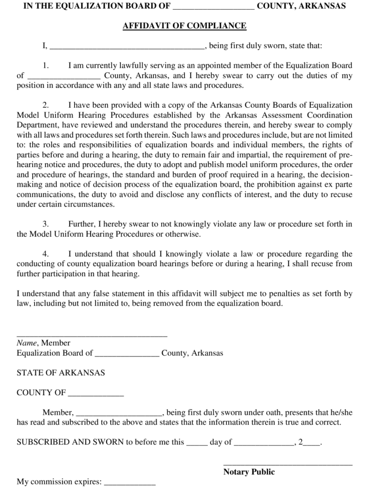 Arkansas Affidavit Of Compliance Download Printable PDF Templateroller
