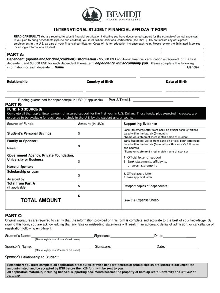 Bemidji State University International Student Financial Affidavit Form 