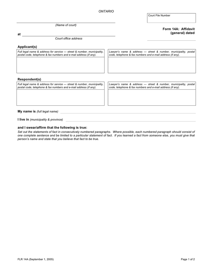 Canadian General Affidavit Ontario In Word And Pdf Formats