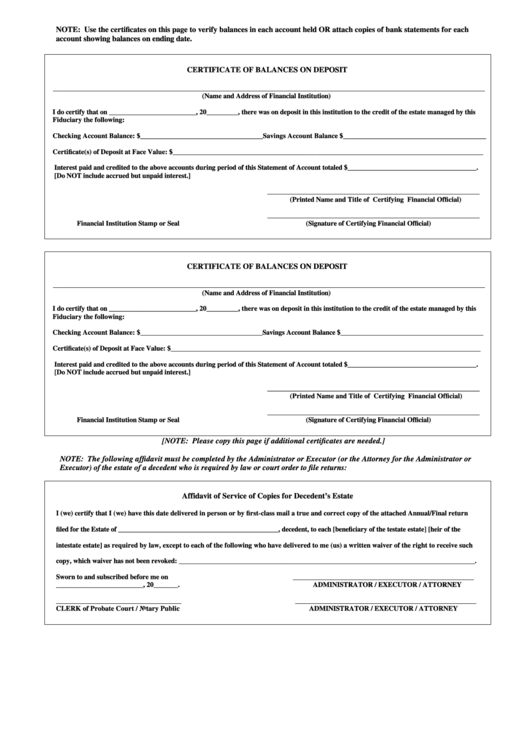 Certificate Of Balances On Deposit And Affidavit Of Service Of Copies 