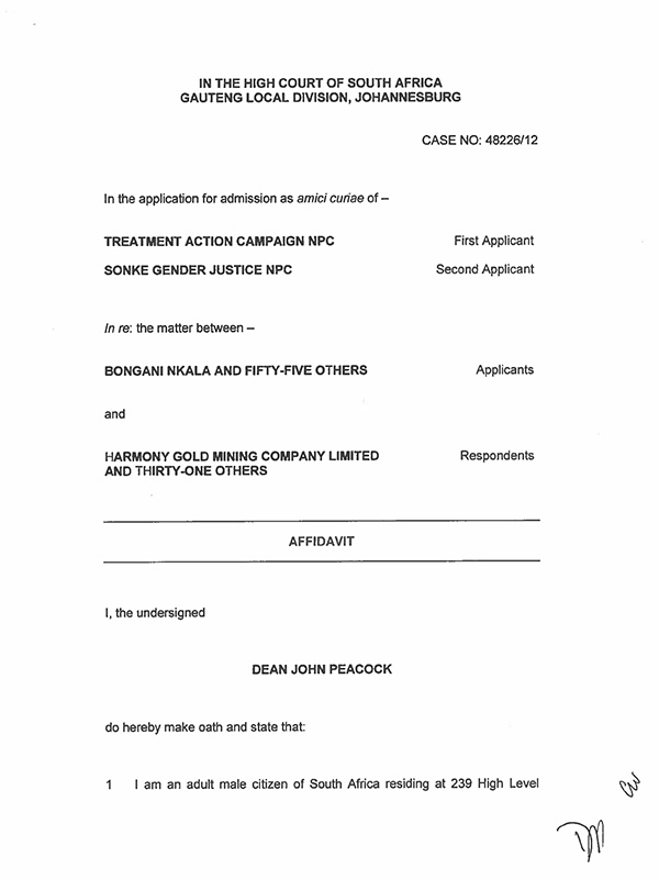Dean Peacock Affidavit Sonke Gender Justice