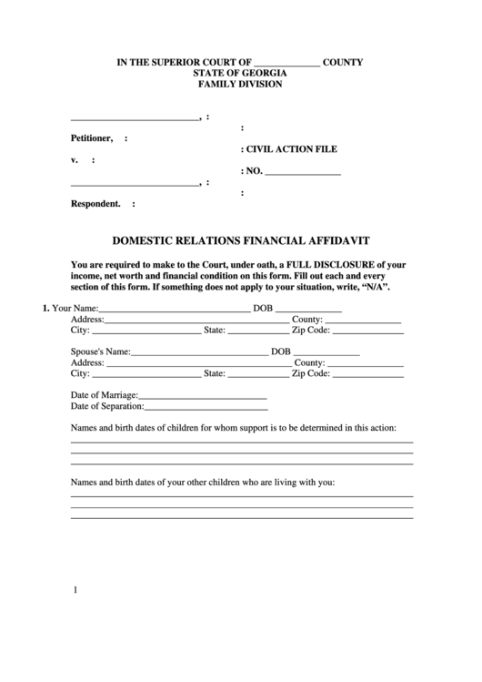 Domestic Relations Financial Affidavit Georgia Family Division 
