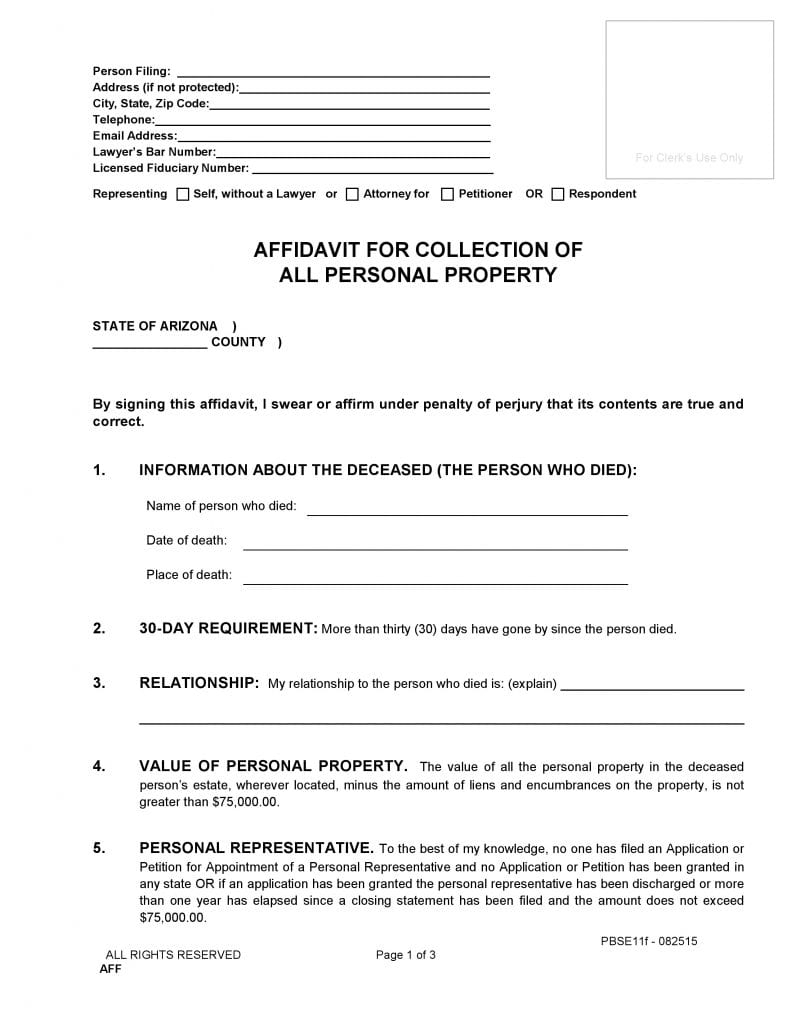 Download Free Arizona Small Estate Affidavit Of Personal Property Form